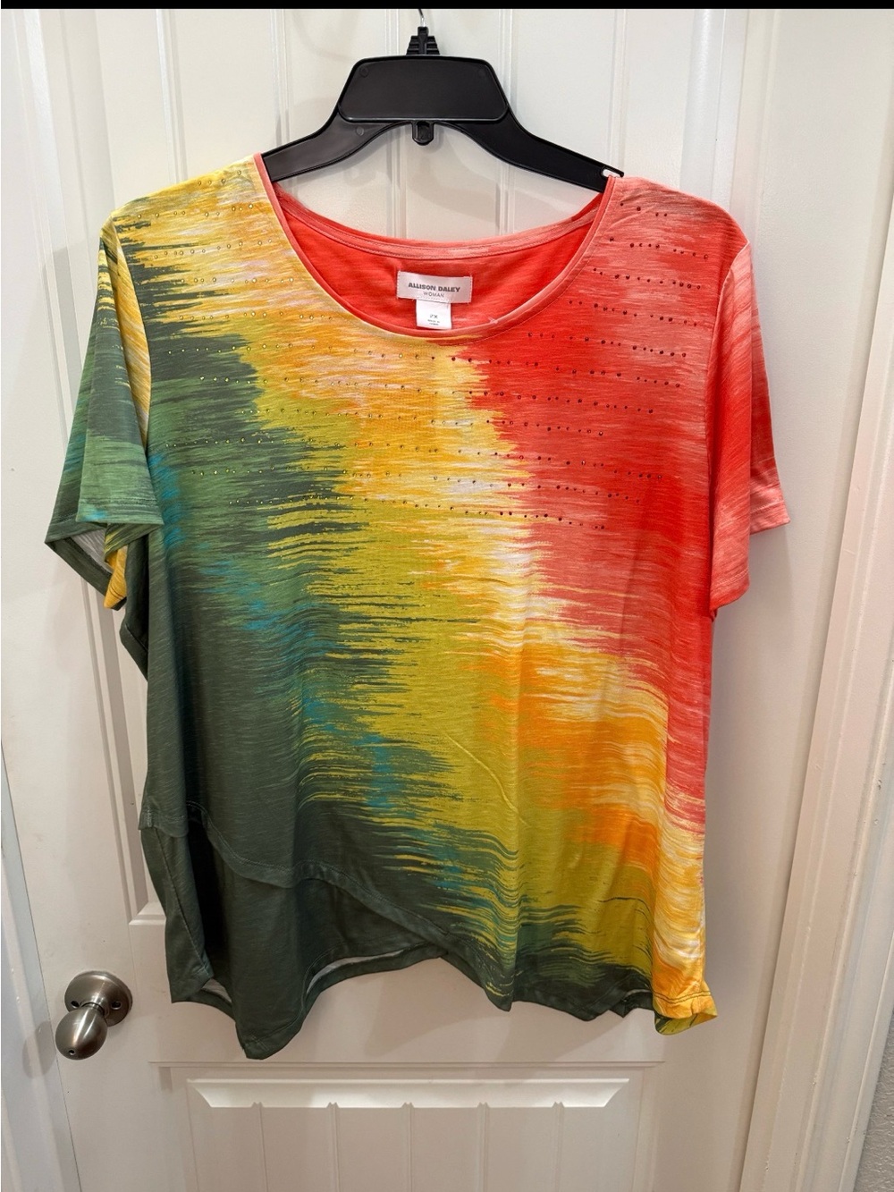 NWT Allison Daley Coral Yellow Green Ombre Short-Sleeve Scoop Neck Top 2x